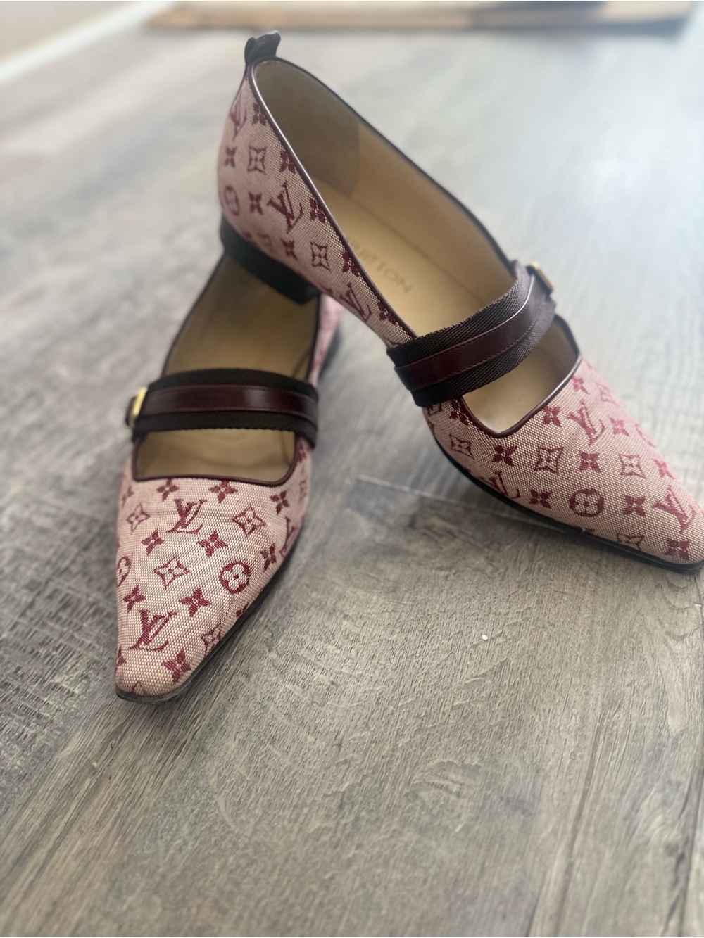 Louis Vuitton Pink Monogram Pointed Mary Jane Flats with Burgundy Strap